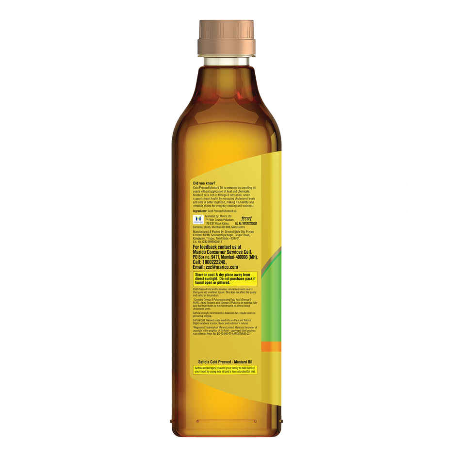 Saffola Cold Pressed Kachi ghani Mustard Oil, 0 trans fat, Unrefined, Chemical free