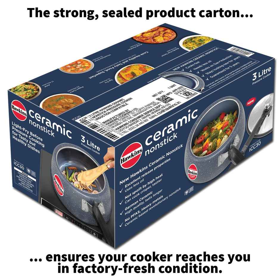 Hawkins 3 Litre Ceramic Nonstick Induction Inner Lid Cooker, Contura Shaped Cookerblue (Icc30)