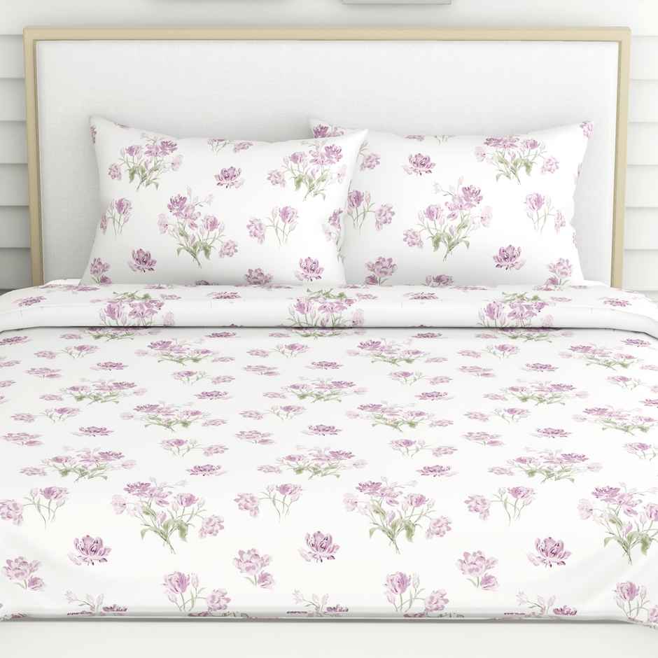 Haus & Kinder Lilac Dream Double 100% Cotton Floral Bedsheet | White and Purple | 98 x 89 in
