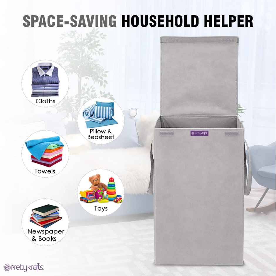 PrettyKrafts 75 L Foldable Laundry Basket L1113 | Cloth Storage Hamper with Lid & Handles | Grey - Large