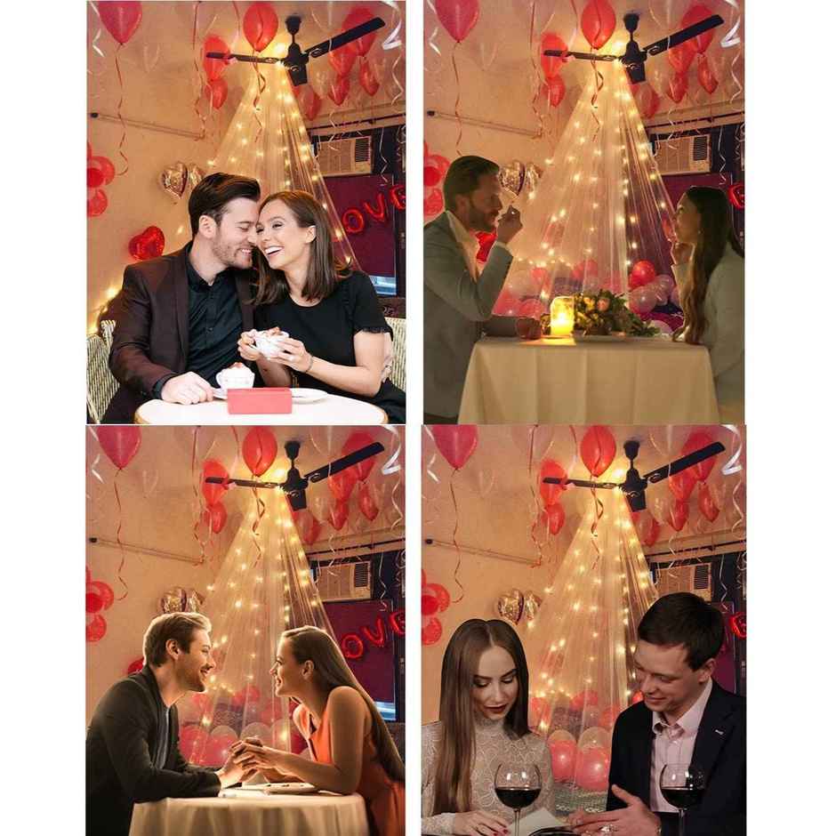 Festive / Party Decoration Combo | 2 White Net Curtains, 2 LED Fairy Lights, Ribbon | Party Propz