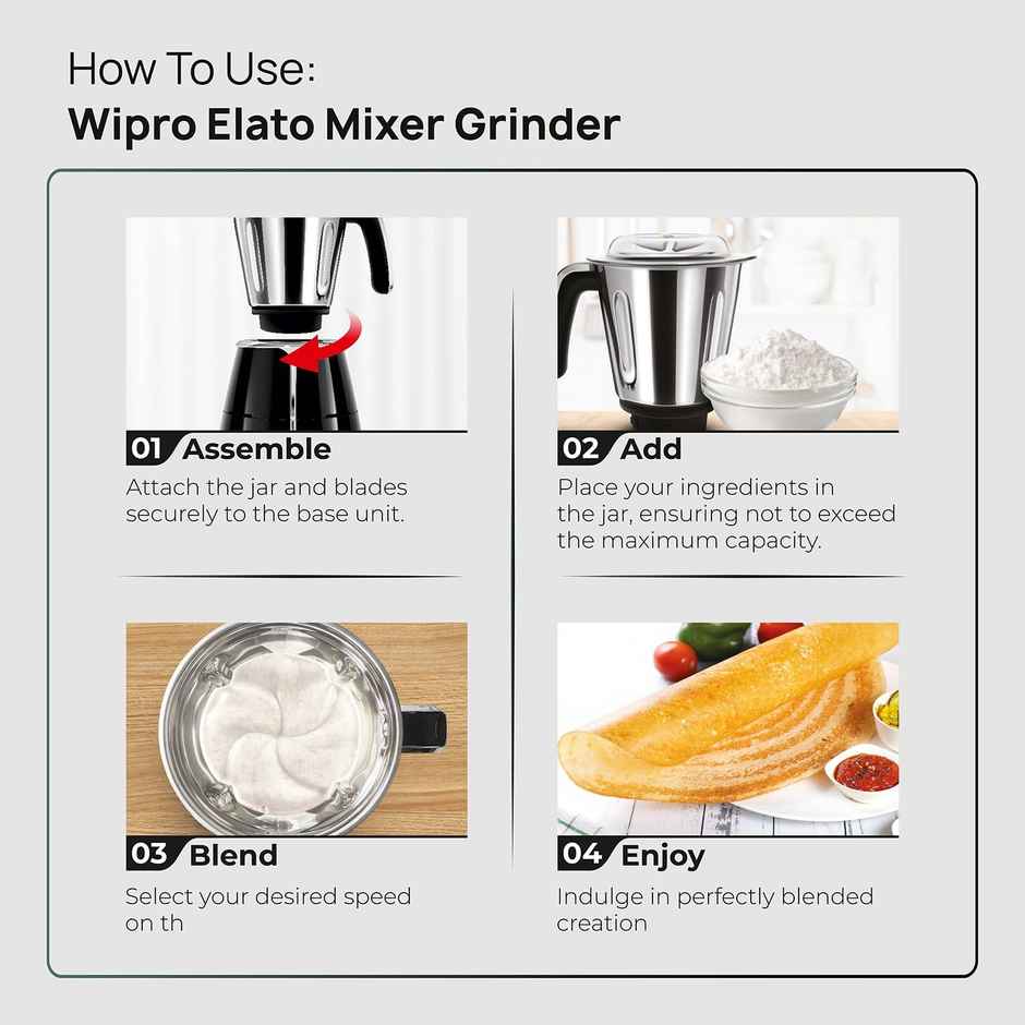 Wipro Elato FMG206 Mixer Grinder | 1000W | 4 Jars | Heavy Duty 100% Copper Motor - Black