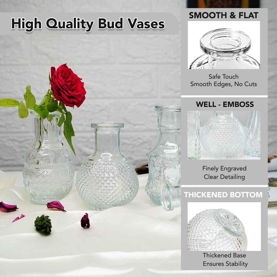 Ekhasa Crystal Clear Glass Bud Vases For Home Decor | Set Of 5 | Center Table Mini Decorative Items