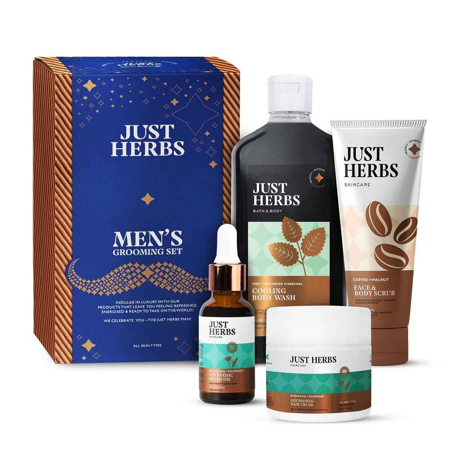 Just Herbs Men's Grooming Kit: Beard Oil, Nourishing Hair Cream, Charcoal Body Wash & Coffee Scrub