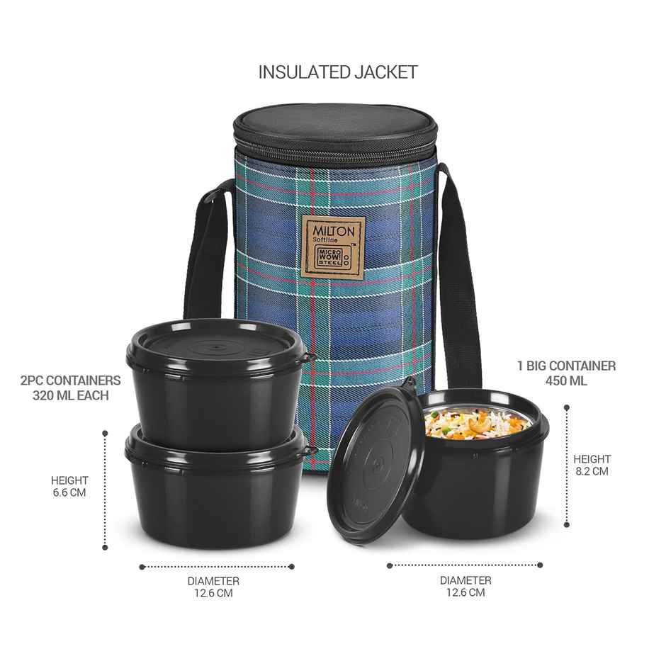 Milton Lofty Tiffin | 3 Microwave Inner Steel Containers |1 x 320 ml |2 x 450 ml Each | Navy Blue