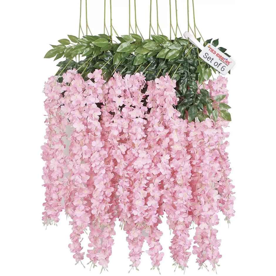 Tied Ribbons Set of 6 Artificial Silk Wisteria Hanging Flower Garlands - Light Pink | 111 Cm