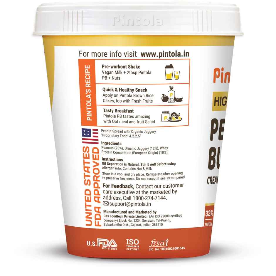 Pintola High Protein Organic Jaggery Peanut Butter Creamy With 33G Protein & 7G Fiber