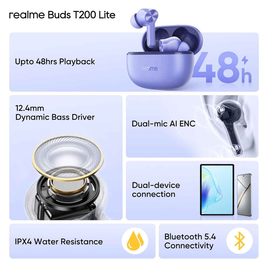 realme Buds T200 Lite Bluetooth in Ear Earbuds | 4 Mic | AI ENC for Calls | Aurora Purple