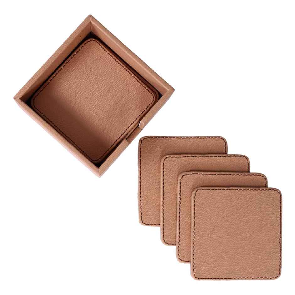 Kuber Industries Tea Coaster|Soft Leather Heat Insulation Tabletop Coasters Set of 6 | Light Brown