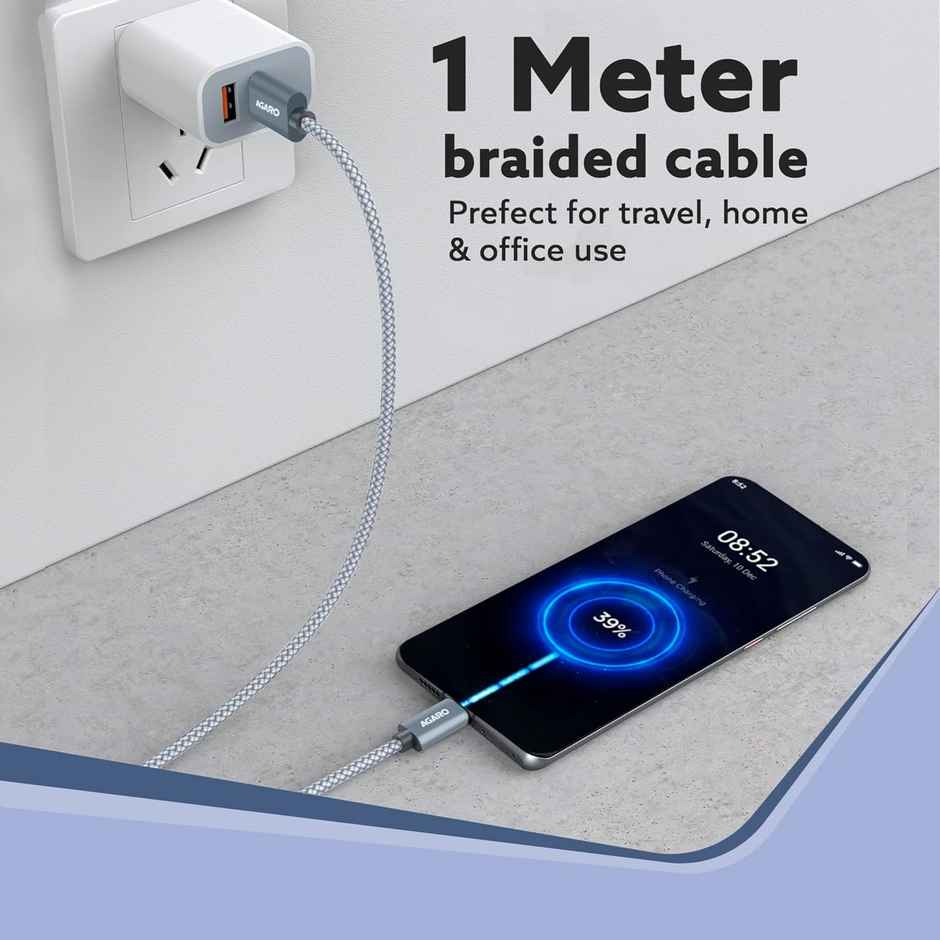AGARO USB-A to Type C Cable, Unbreakable Braided Cable, 3A Fast Charging, Compatible with All Type C Devices Including Smartphones, Tablets etc, PD Technology, 1 M (3.2Ft), 480 Mbps Data Transmission - Grey