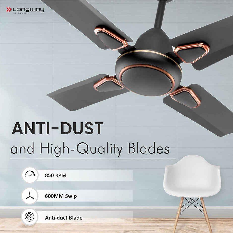 Longway Kiger P1 Ceiling Fan, 600mm/24 inch, Ultra High Speed, 4 Blade Anti-Dust Decorative Star Rated - Smoked Brown