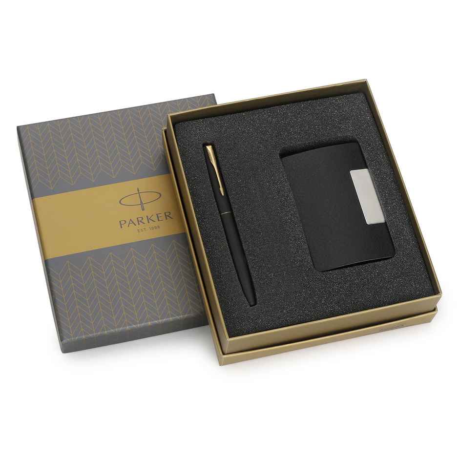 Parker Gift Set- (Parker Frontier Matte Black Gold Trim Fountain Pen With Holder) Ink Color - Blue