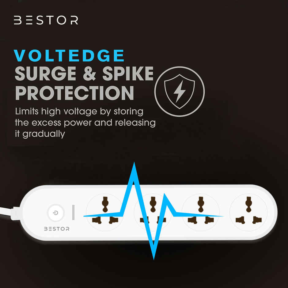 Bestor VoltEdge Extension Board 1500W Power Converter with 4 Universal Sockets, 1.5M Cord, Master Switch, LED Indicator, Child Safety Shutter, 3-Pin Multi Plug for Home Appliances - White