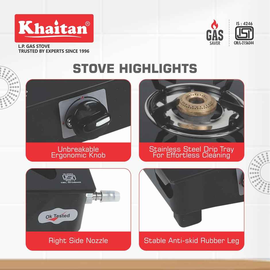 Khaitan 2 Burner Nano Premium Toughened Glass | LPG Cooktop I Manual Ignition Stove | Black