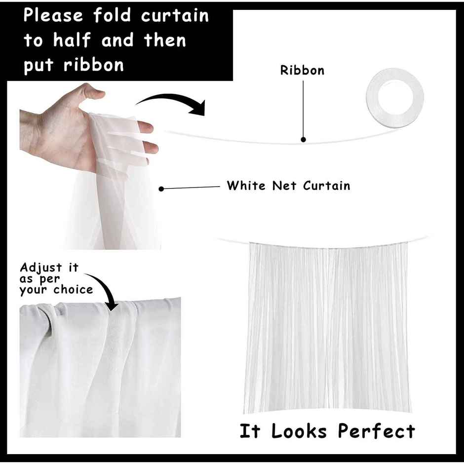 Festive / Party Decoration Combo | 2 White Net Curtains, 2 LED Fairy Lights, Ribbon | Party Propz