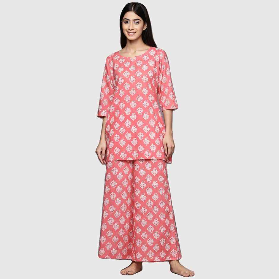 Libas Women Pink Cotton Floral Kurti With Cotton Pyjamas - 50178M