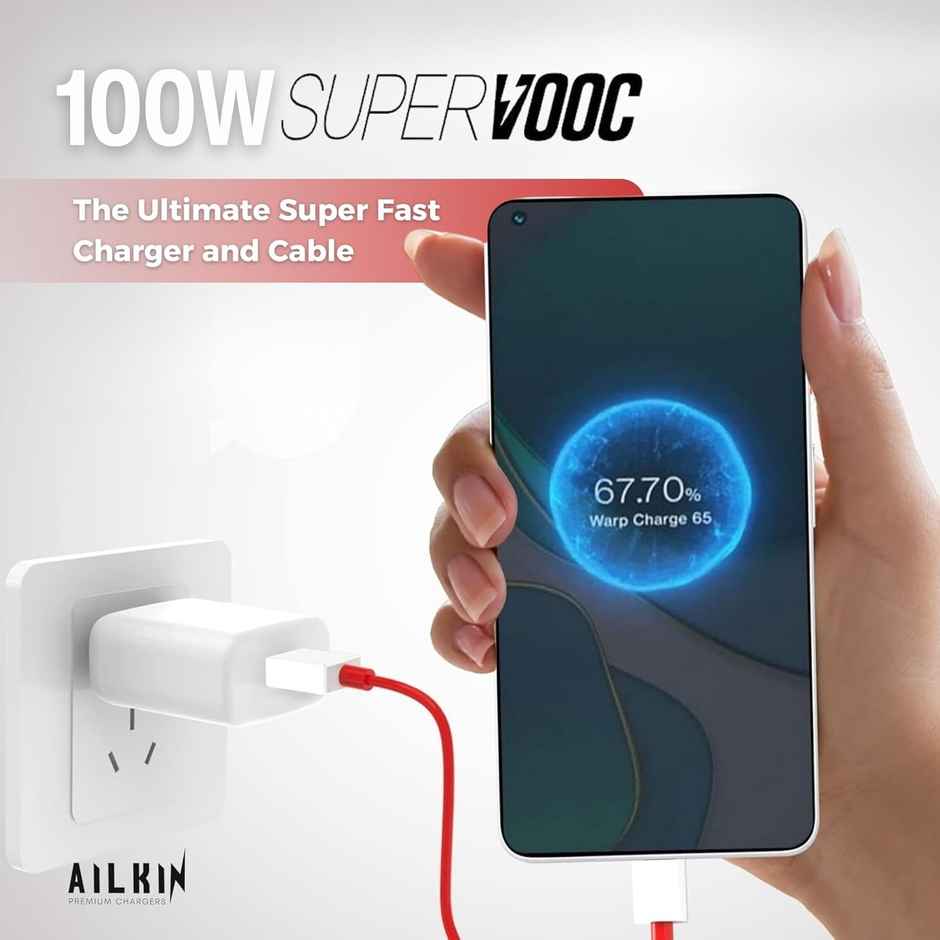 Ailkin 100W DASH|WRAP|SUPERVOOC Fast Charging Adapter & USB to Type-C Cable for OnePlus