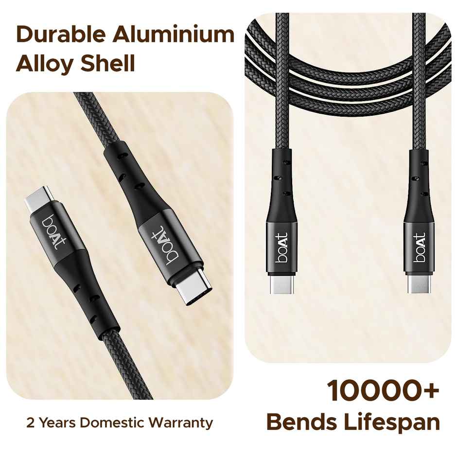 boAt Type-C C300 Tangle-Free, Sturdy w/60W/3A PD C to C Fast Charging Cable, Compatible w/Xiaomi, Oneplus, Samsung, Vivo & Oppo, 480 Mbps Data Transmission Speed, Nylon Braided Skin & 1.5m Length - Black