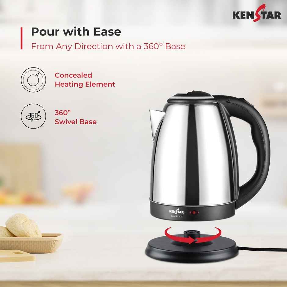 Kenstar Estella Electric Kettle | 1.6 L Capacity | 1350 W | Stainless Steel Body | Silver