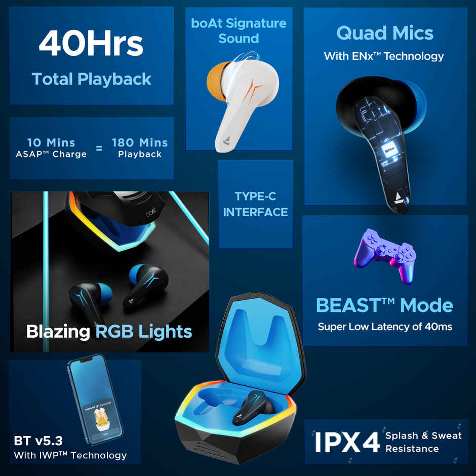 boAt Immortal 128 TWS Earbuds for Gaming w/ 40H Playtime, BEAST Mode & RGB LEDs (White Sabre)