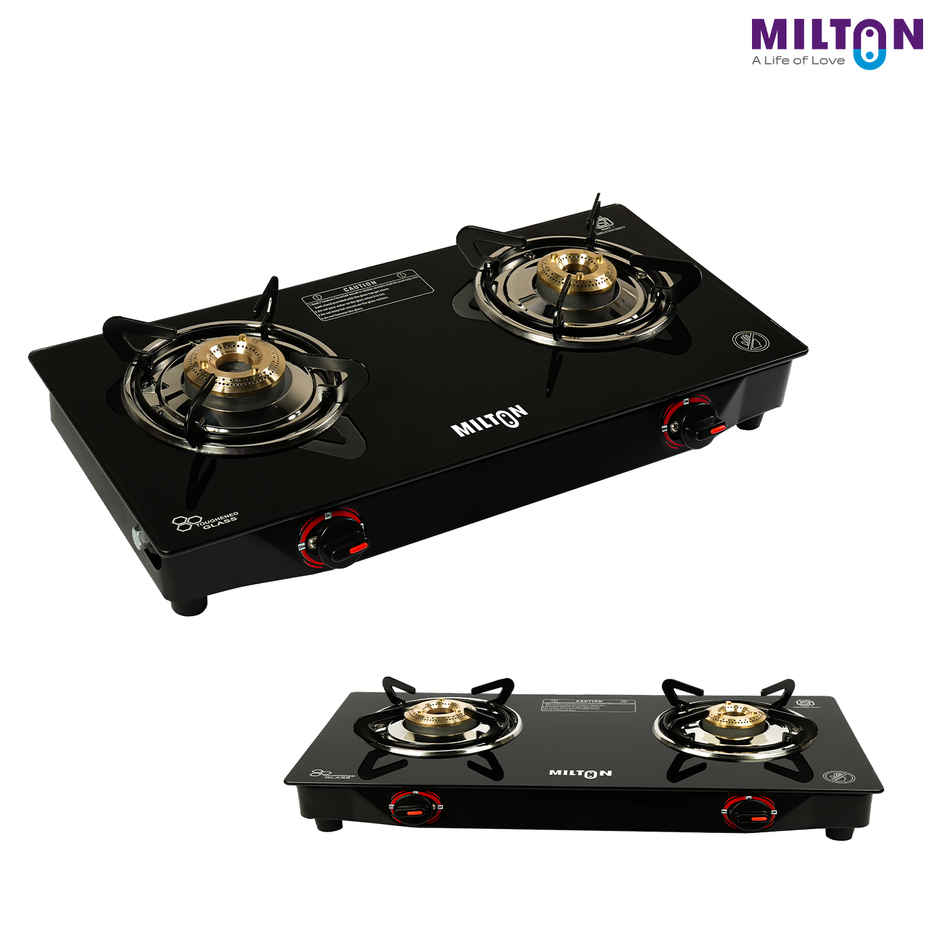Milton Premium 2 Burner Black Manual Ignition LPG Glass Top Gas Stove, | ISI Certified