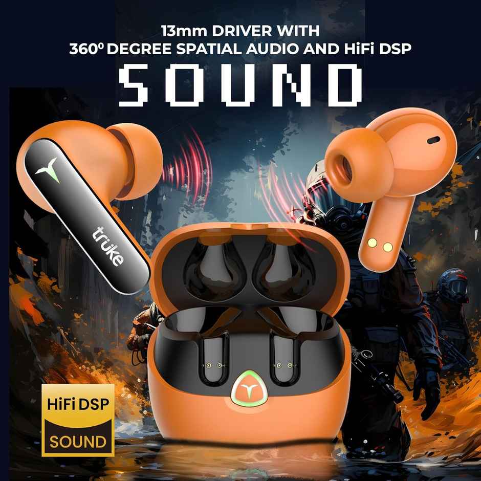 truke BTG Flex Truly Wireless Bluetooth Earbuds with Dual Pairing, 60H Battery- SunsetOrange