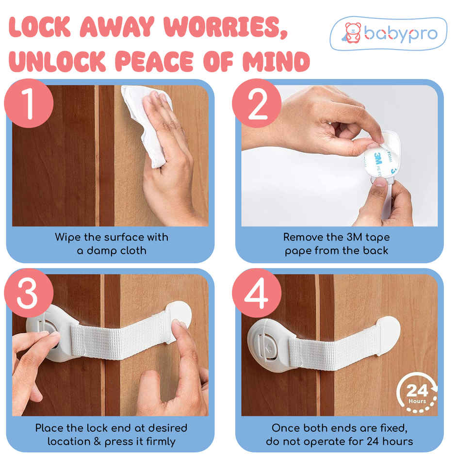 BabyPro Safety Latch for Furniture Cabinets, Drawers | White