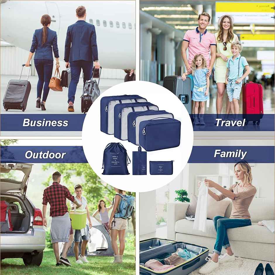 Polyester Travel Organizer Bag 3 Packing Cubes + 3 Pouches + 1 Toiletry | Dark Blue