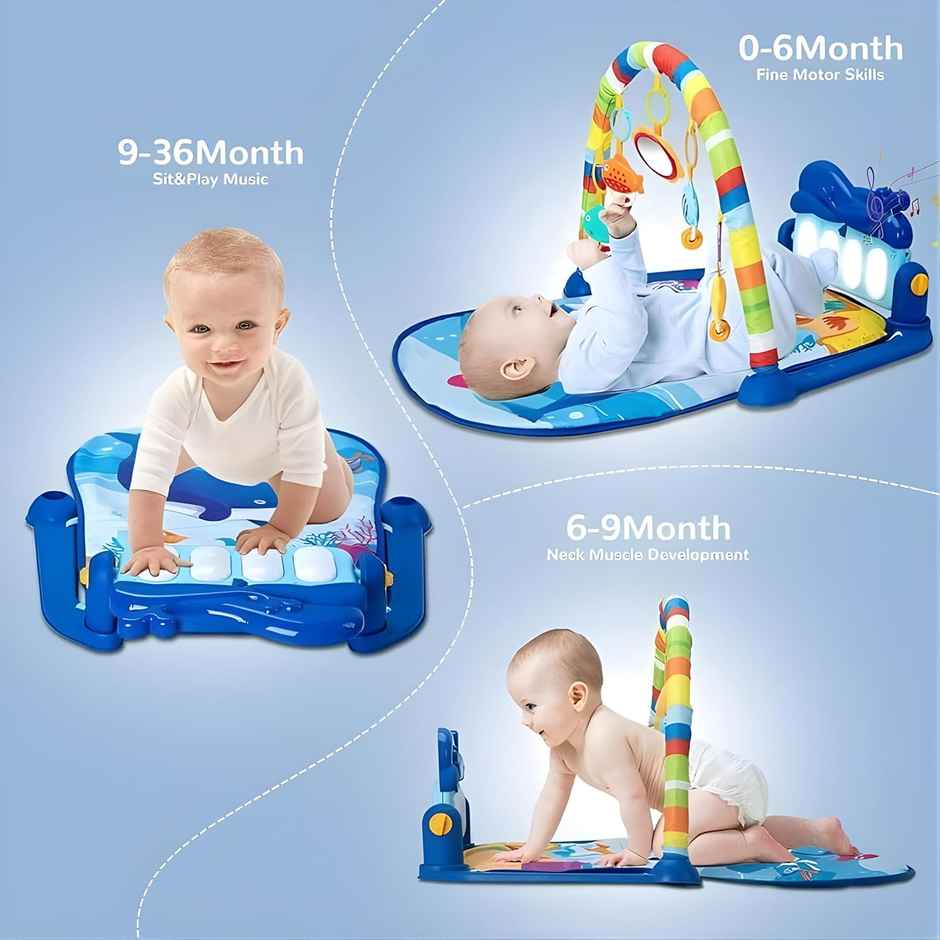 Chigy Wooh Baby Play Mat with Piano Keyboard & Hanging Rattles Toys for Newborns 0+ Months | Blue