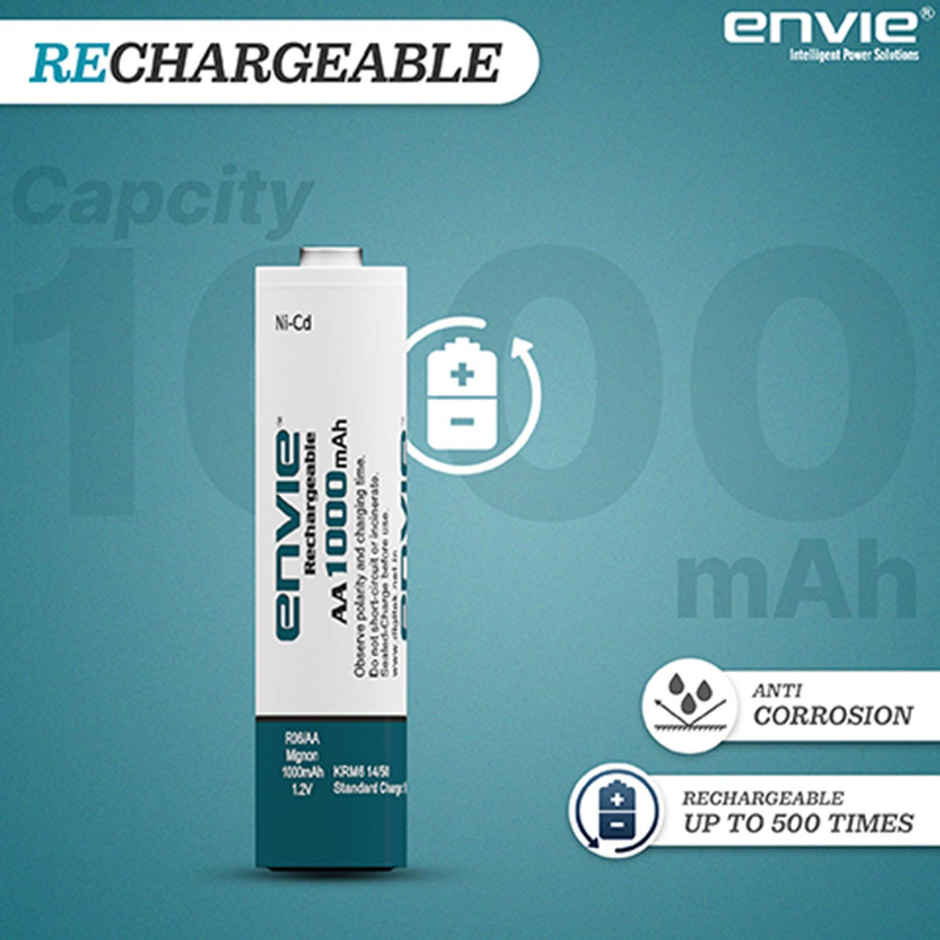 Envie Quick Rechargeable AA 1000 mAh Ni-Cd Batteries (Pack Of 4) | (AA10004Plni-Cd)