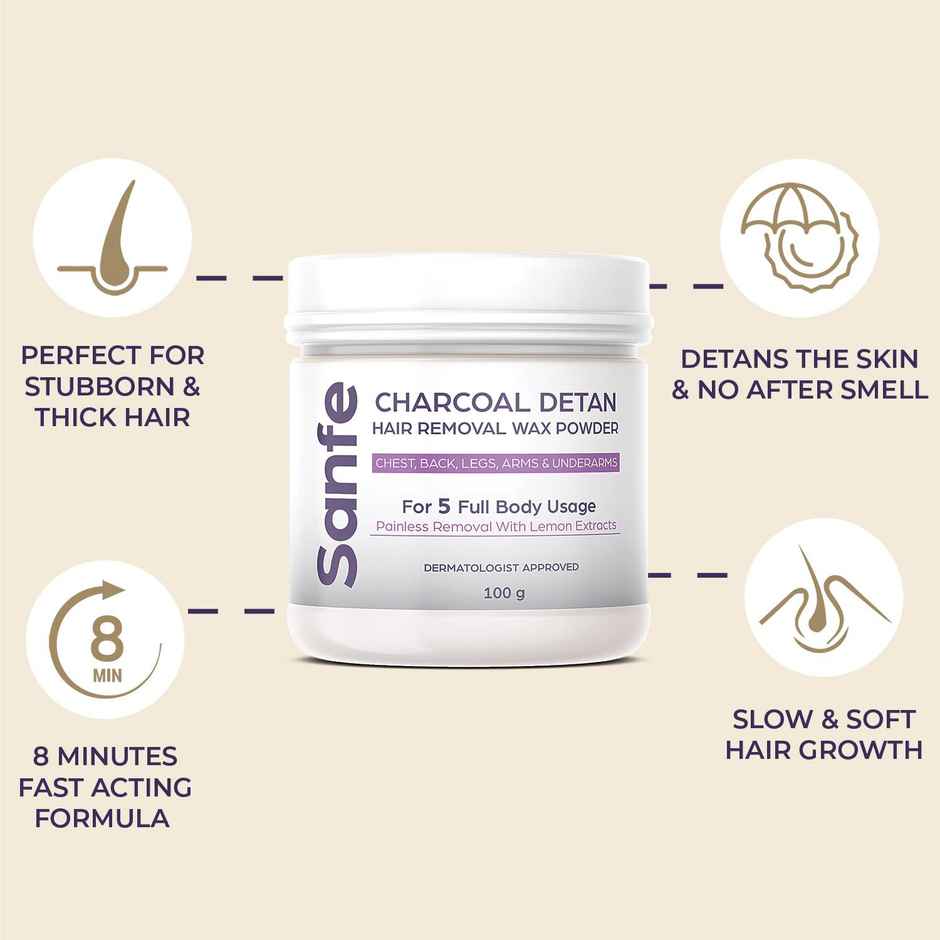 Sanfe Charcoal Detan Hair Removal Wax Powder 8 Minute Painless Organic