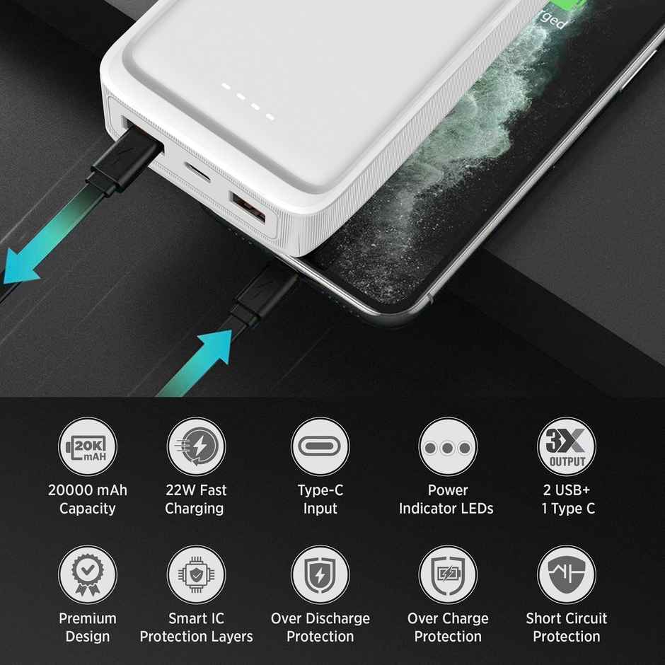 Intex 20000 mAh 22 W Power Bank (White, Lithium Polymer, Fast Charging for Mobile)