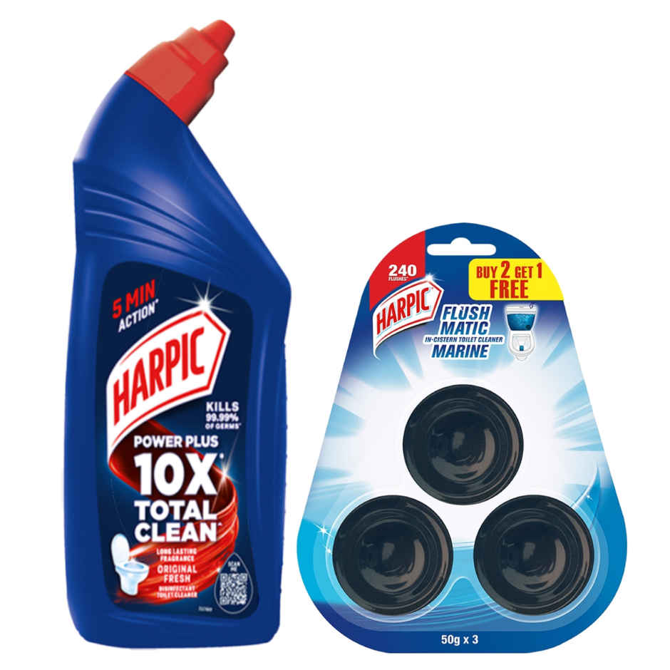 Harpic Disinfectant Toilet Cleaner Liquid Original(1l) & Harpic Flushmatic In-Cistern Toilet Cleaner Blocks Marine(150gms) Combo