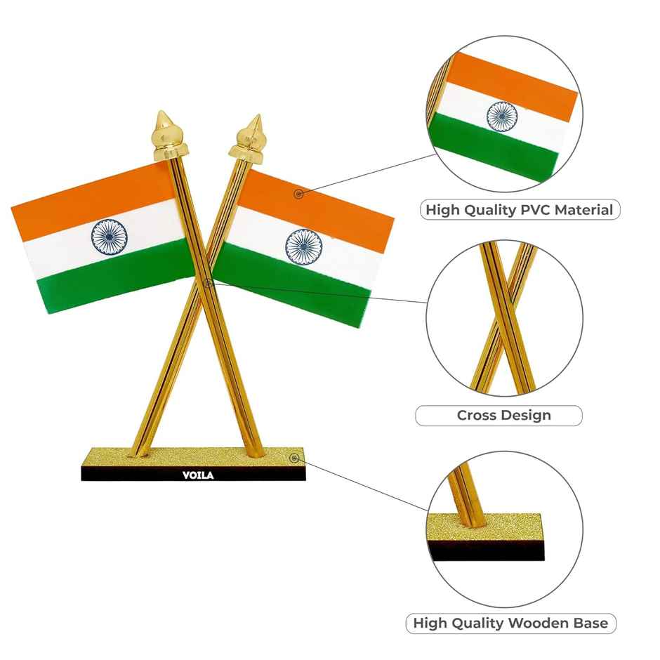 Voila Indian Flag Tiranga Cross Design Stand Double Sided Flag For Table Car Dashboard Home Decor