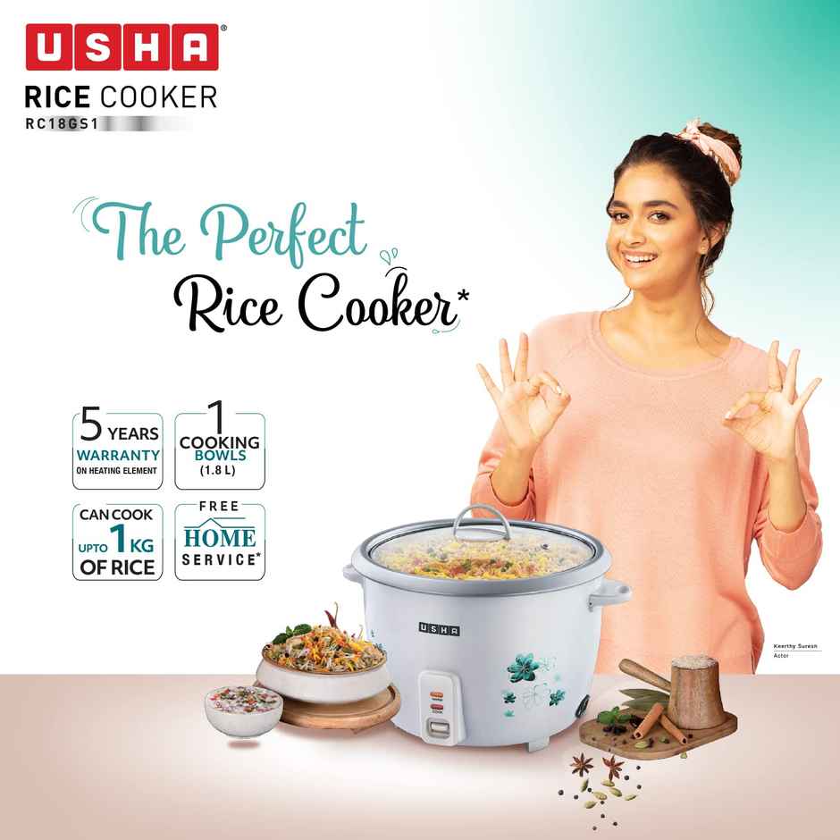 Usha Rice Cooker 1.8L (700W, Keep Warm Mode, Tempered Glass Lid, Dry Boil Protection, White)