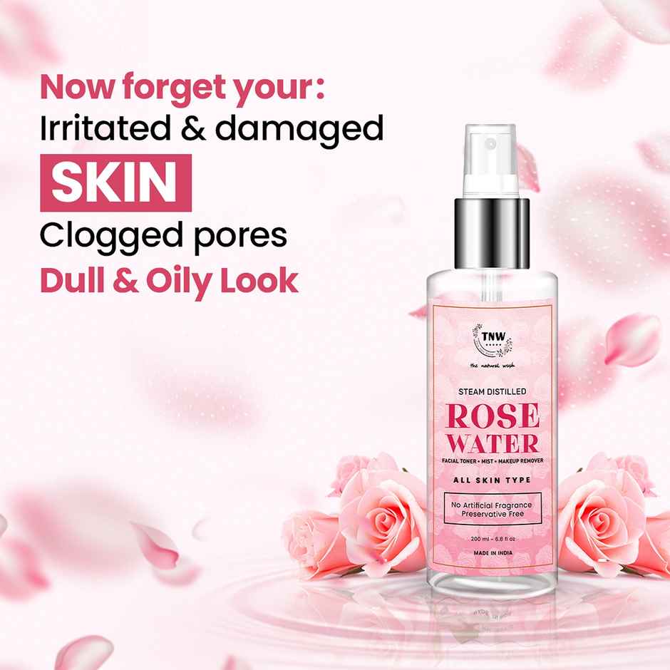TNW The Natural Wash 100% Steam Distilled Rose Water Face Toner Spray, Make Up Remover & Hydration