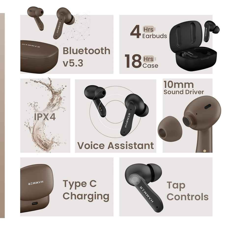 Hammer Solitude ENC Bluetooth In Ear Earbuds With Up To 22H Playtime, Type-C - Mocha Brown