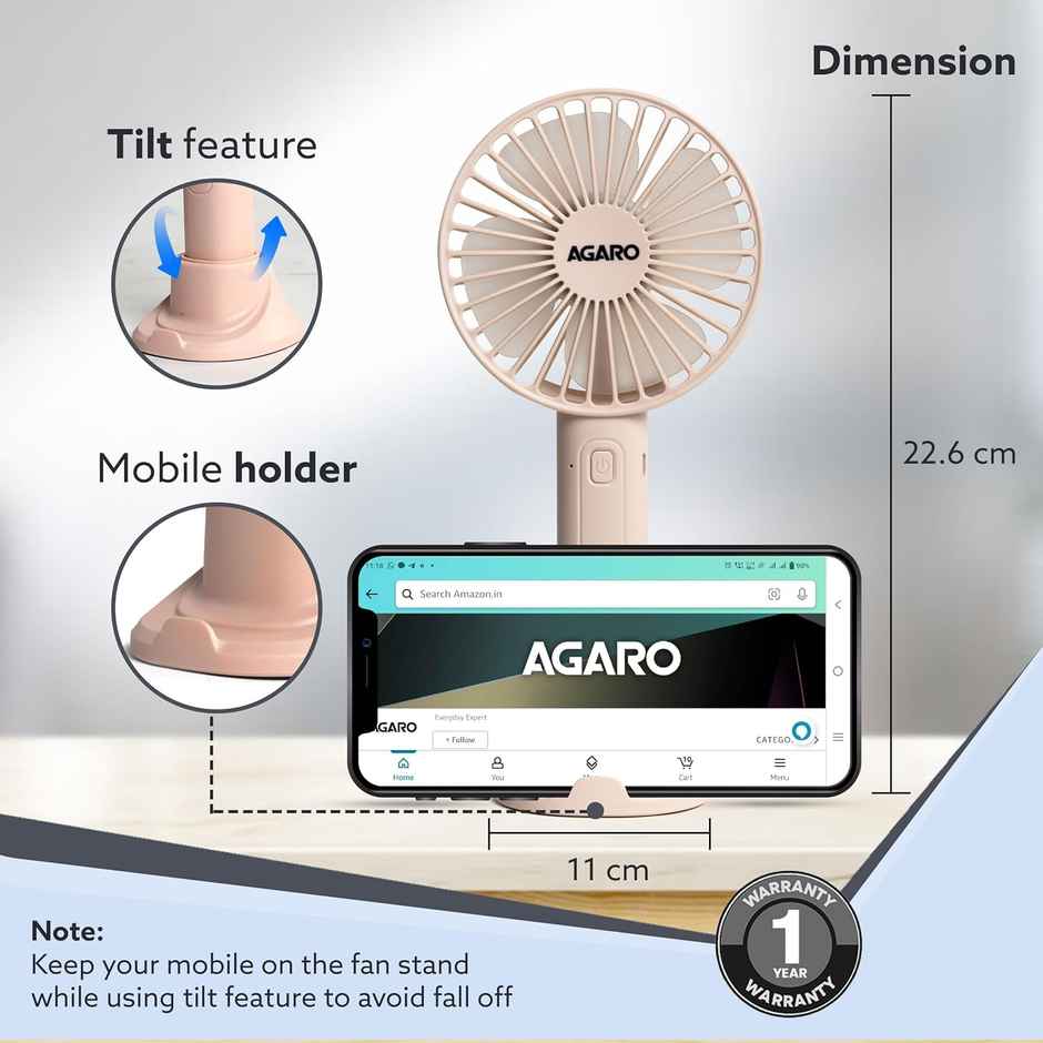 Agaro Elite Mini Portable Fan, 4 Inches, 2000 mAh Battery, 3 Speed Option And Table Dock, Pink