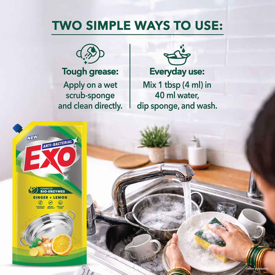 Exo Ginger & Lemon Anti Bacterial Dishwash Liquid | Tough Grease Removal with Power of Bio-Enzymes