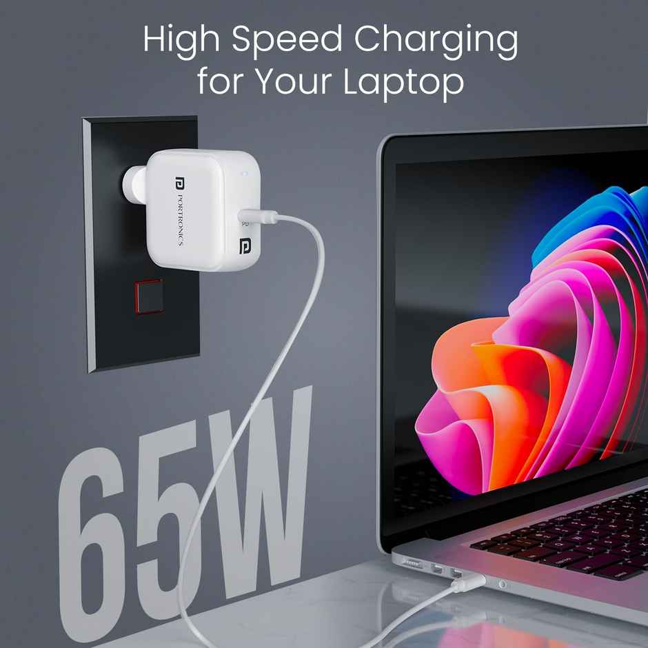 Portronics Adapto 65C 65W Type C PD Super Fast Charger Adapto | White
