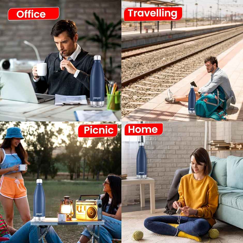 Pexpo Electro 24 Hrs Hot & Cold Isi Certified Flask Stainless Steel Water Bottle - 750 ml | Denim Blue