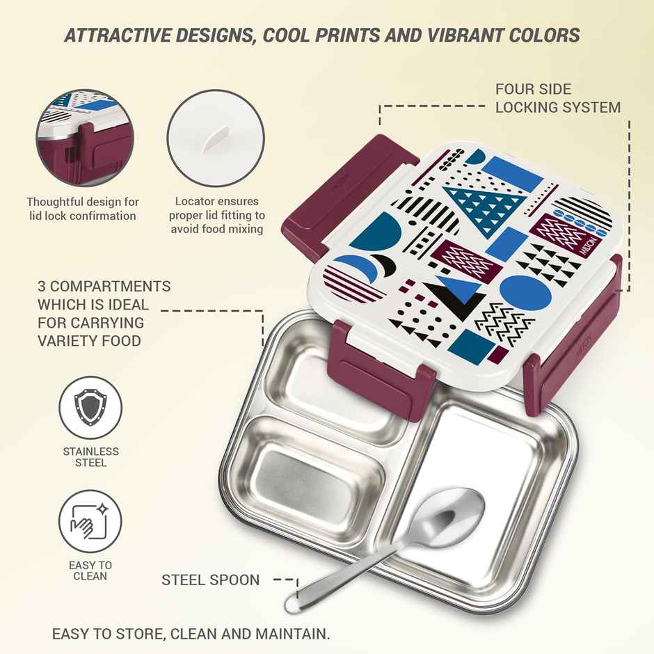 Milton Fun Feast 3 Inner Stainless Steel Tiffin Box | 700 ml | Maroon