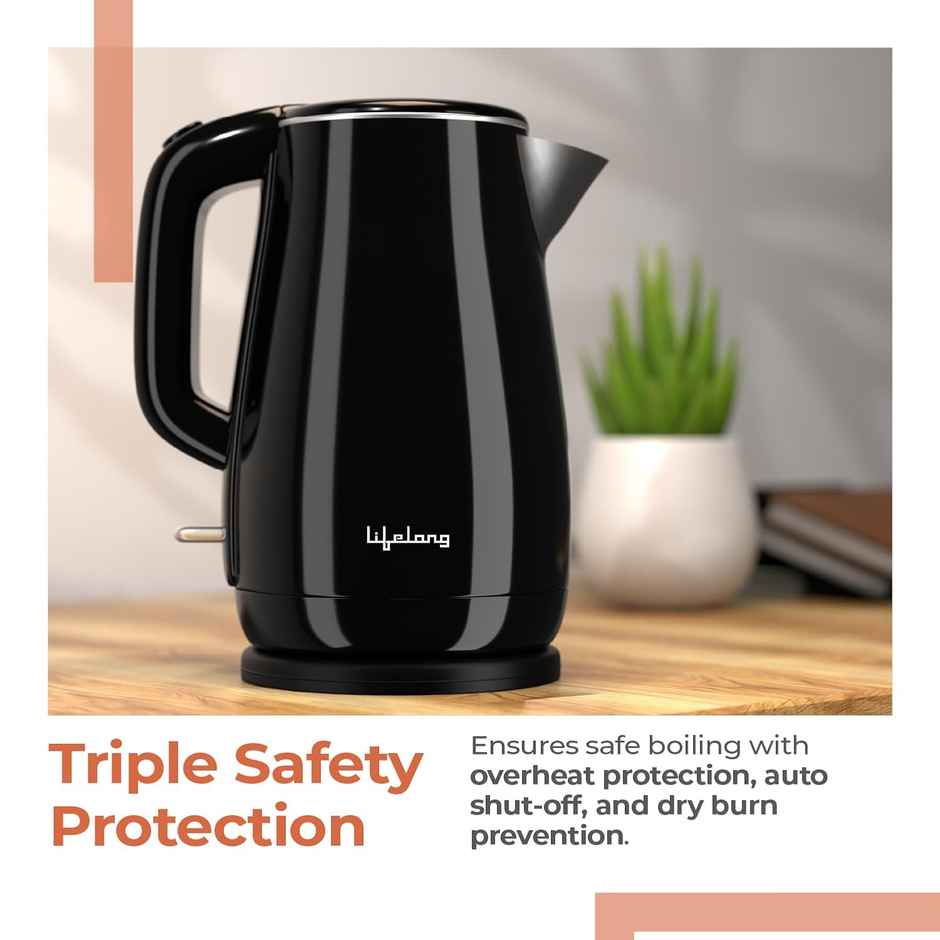 Lifelong Electric Kettle, 1350W Cool Touch Fast Water Boiling Auto Shut-Off, SS Body |Black - 1.5 L