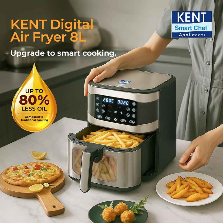 KENT Digital Air Fryer | Bake, Grill & Roast | Up to 80% Less Oil Usage | 1700W | 8 L