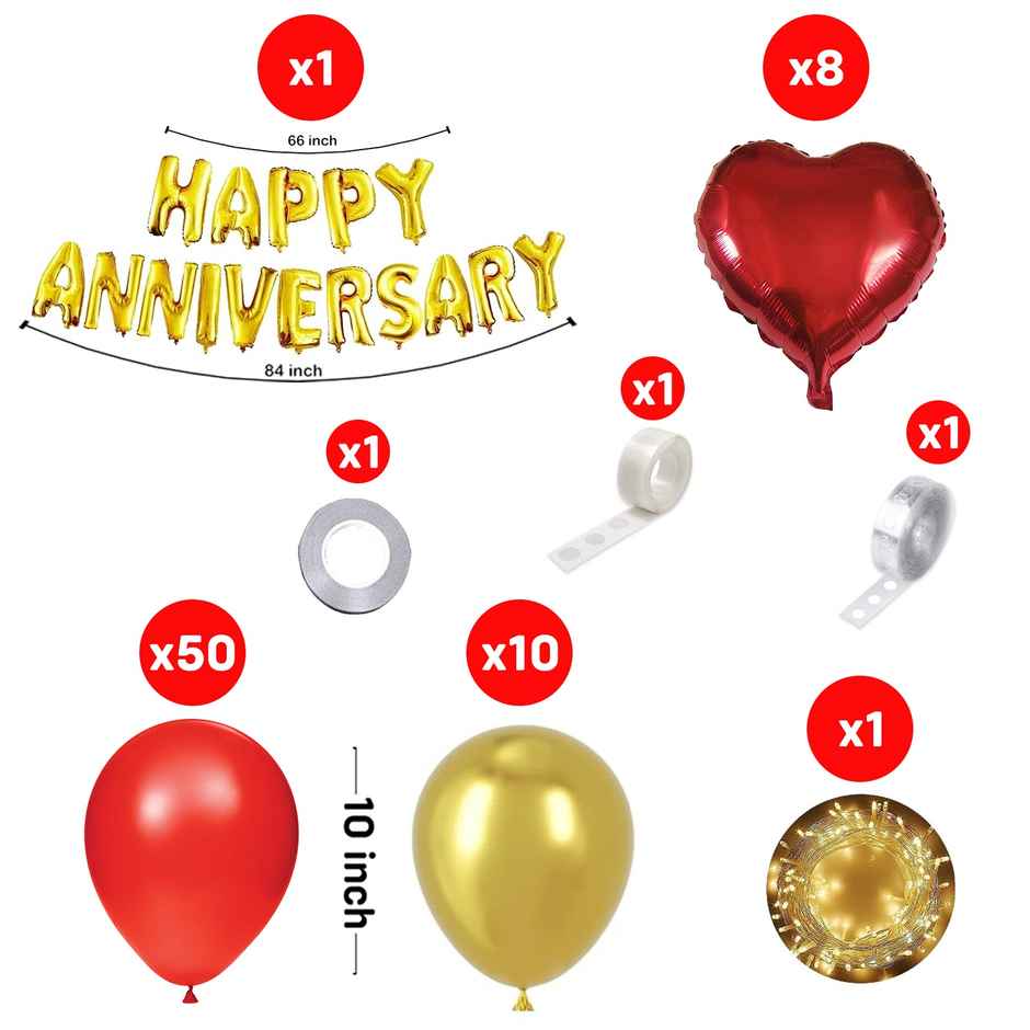 Party Propz Red And Golden Happy Anniversary Decorations For Home Kit - Pack Of 73