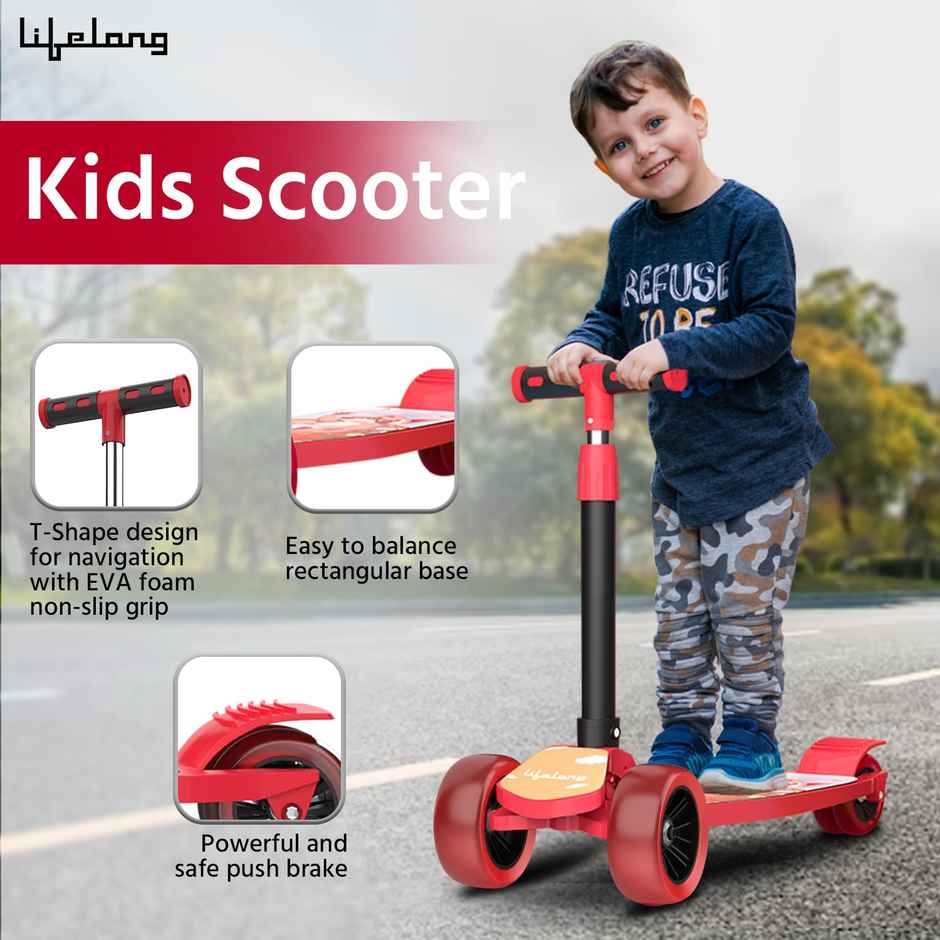 Lifelong Foldable Kick Scooter with Adjustable Height | Max 50 kg | Red & Black