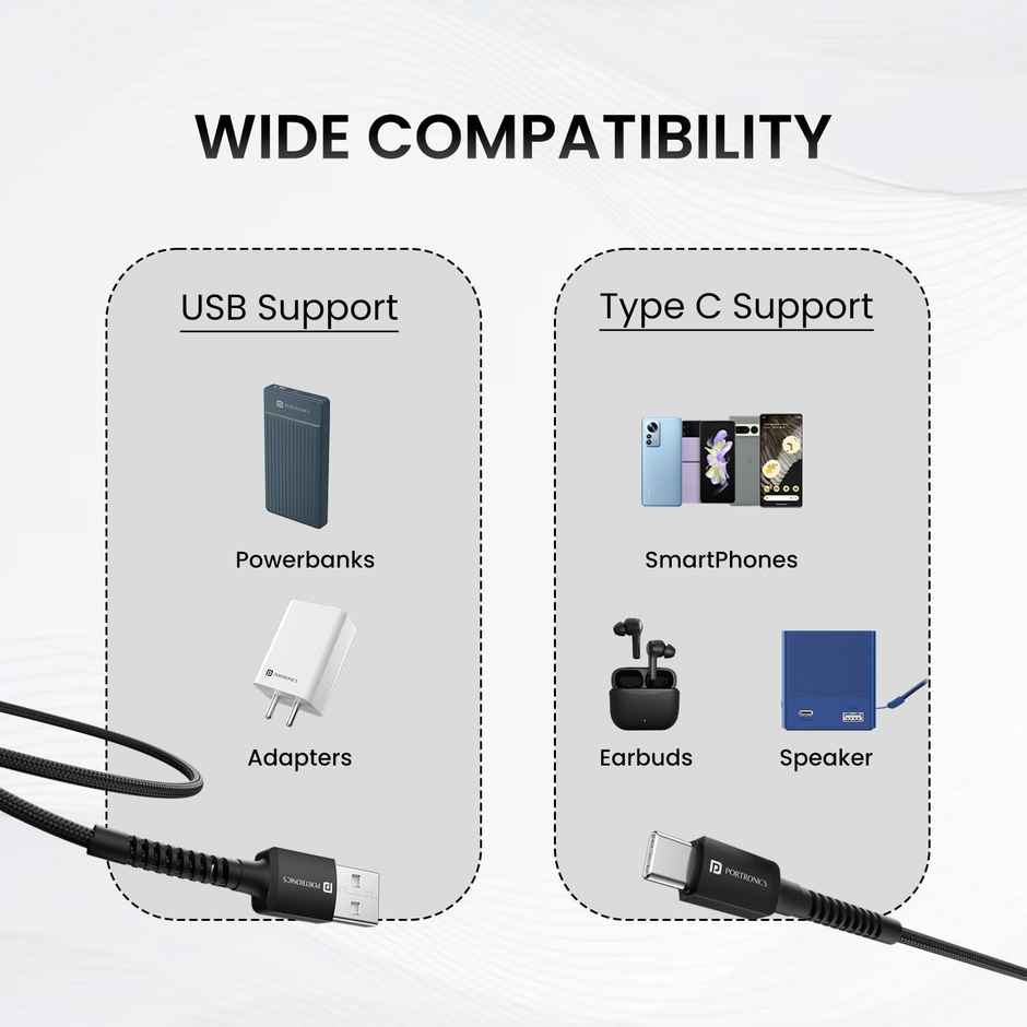 Portronics Konnect X 3A Nylon Braided USB to Type C 2M Fast Charging Cable | Type C Devices | Black