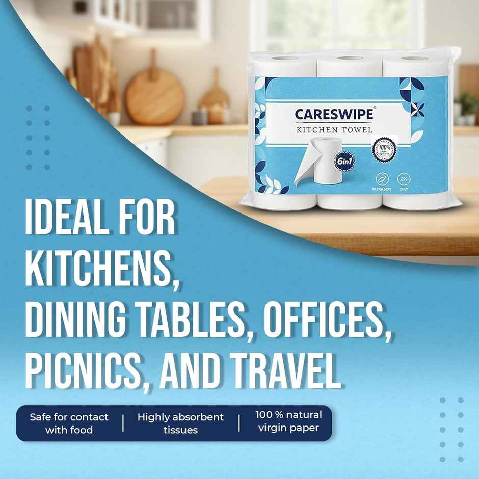 Careswipe 6 Rolls 2 Ply Kitchen Tissue Paper Roll 60 Sheet Per Roll