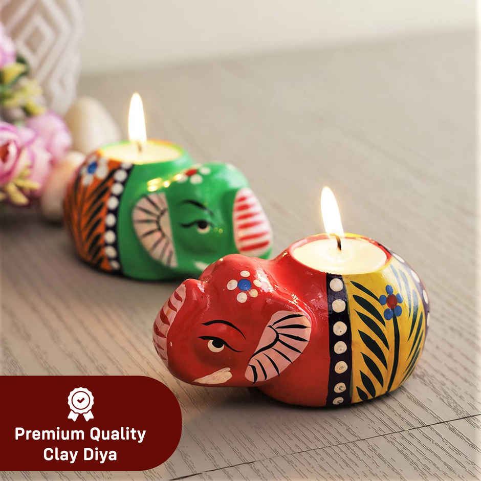 Multicolour Elephant Diya for Diwali Festive Celebration | Pack Of 2 | Party Propz