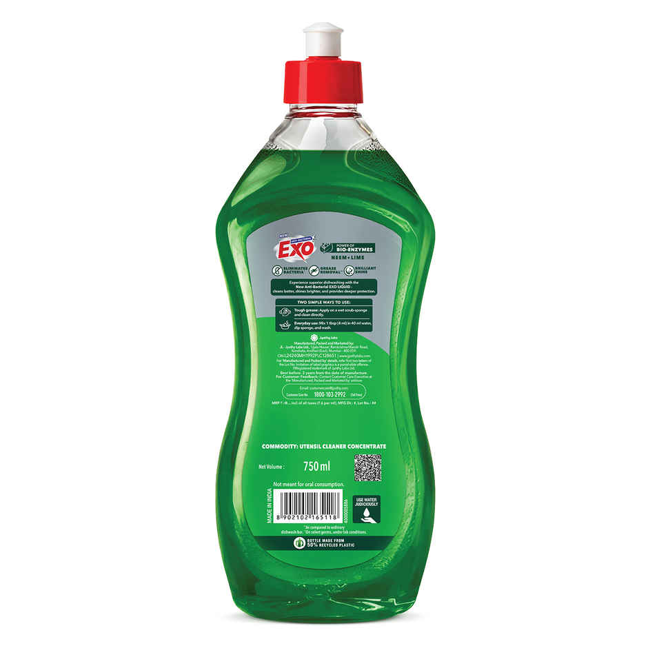 Exo Neem & Lime Anti Bacterial Dishwash Liquid | Tough Grease Removal with Power of Bio-Enzymes
